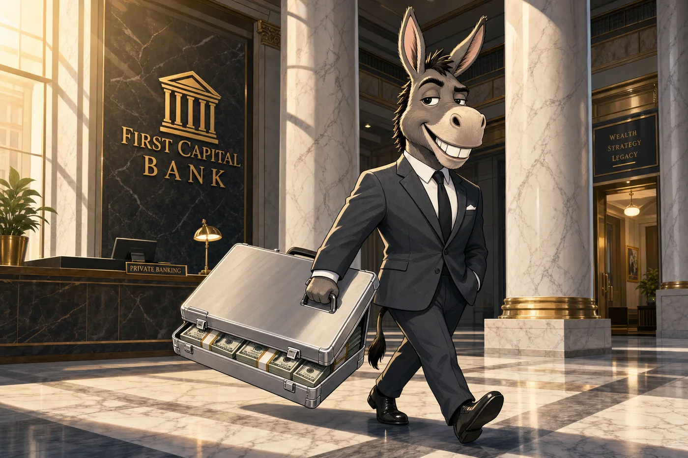 Badass mascot with cash briefcase