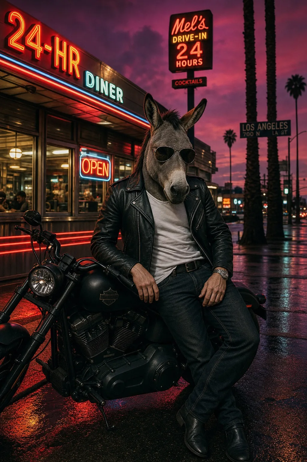 Sharp-dressed donkey in a leather jacket on a Harley outside a neon 24-hour LA diner under a purple sky