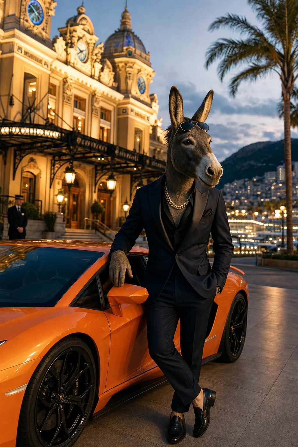 Sharp-dressed donkey stepping out of an orange Lamborghini outside Casino de Monte-Carlo