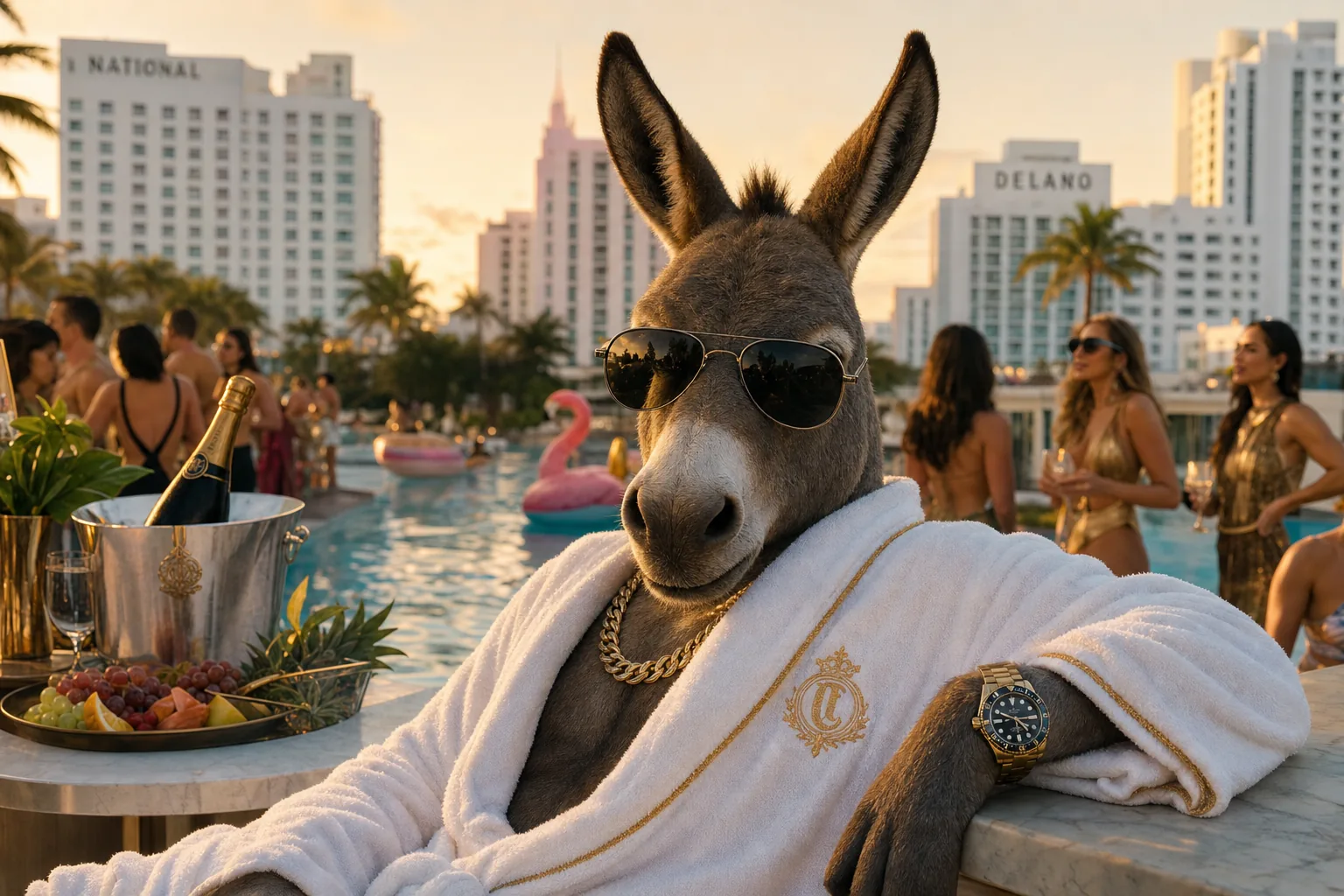 Sharp-dressed donkey in a robe and shades at a South Beach pool party