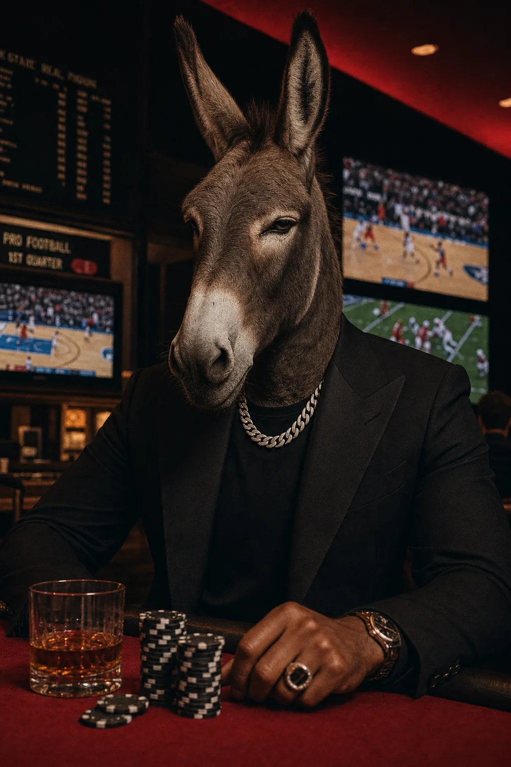 Sharp-dressed donkey in a black blazer at an underground US sportsbook with poker chips and wall TVs
