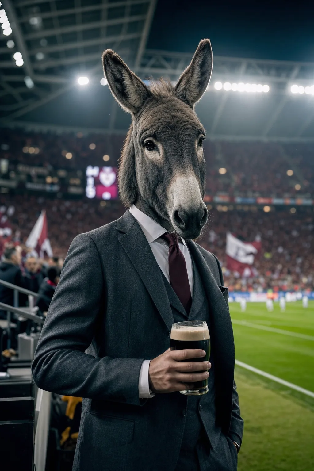 Sharp-dressed donkey in a grey three-piece suit at a European football stadium at night with a pint of Guinness