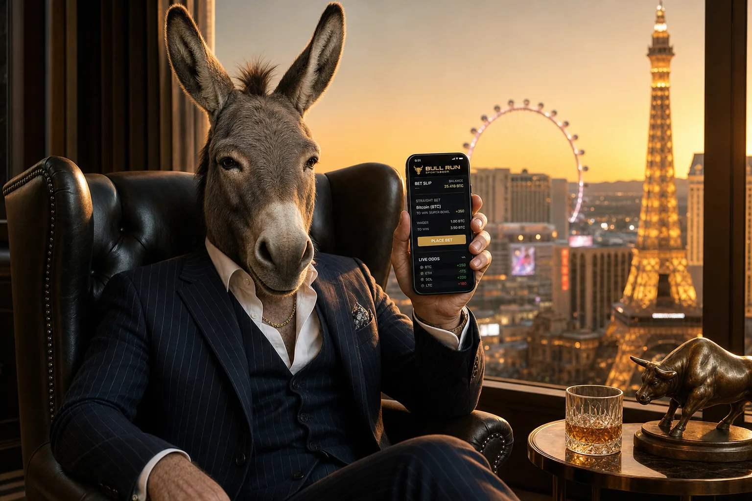The badass.bet donkey in a navy pinstripe suit reviewing a crypto sportsbook app in a Vegas suite at sunset