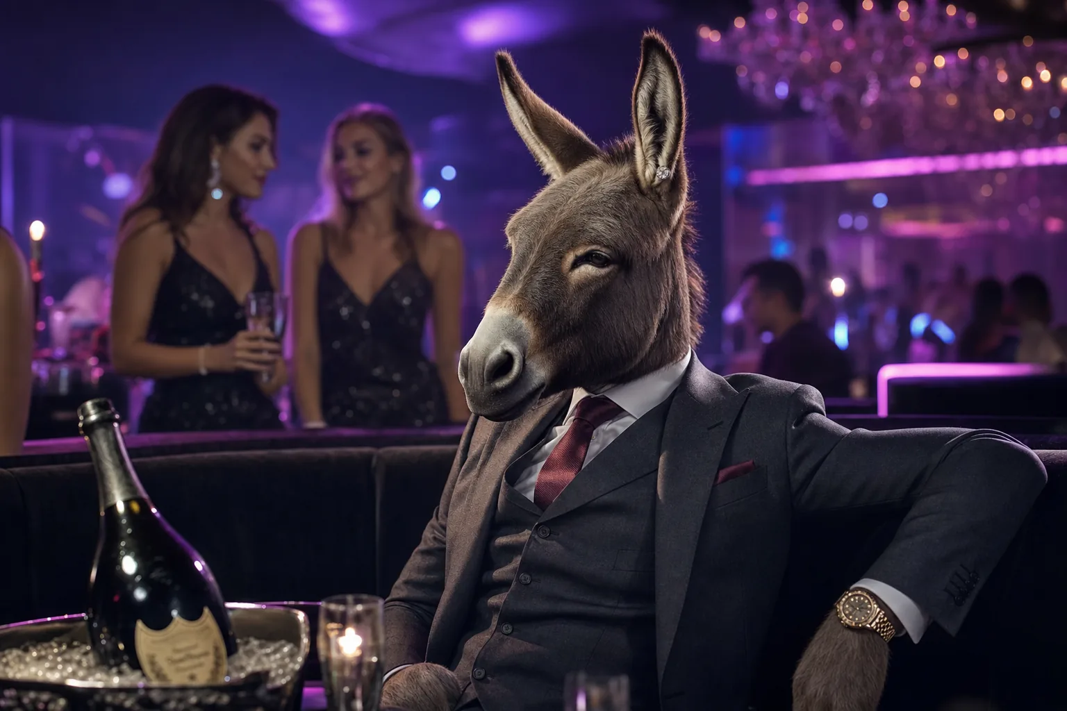 Sharp-dressed donkey at the Vegas VIP nightclub raising Dom Perignon