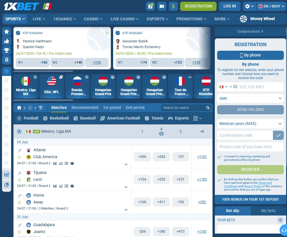 1xBet on mobile: the same wide pricing menu compressed into a dense list, with markets stacked by sport.