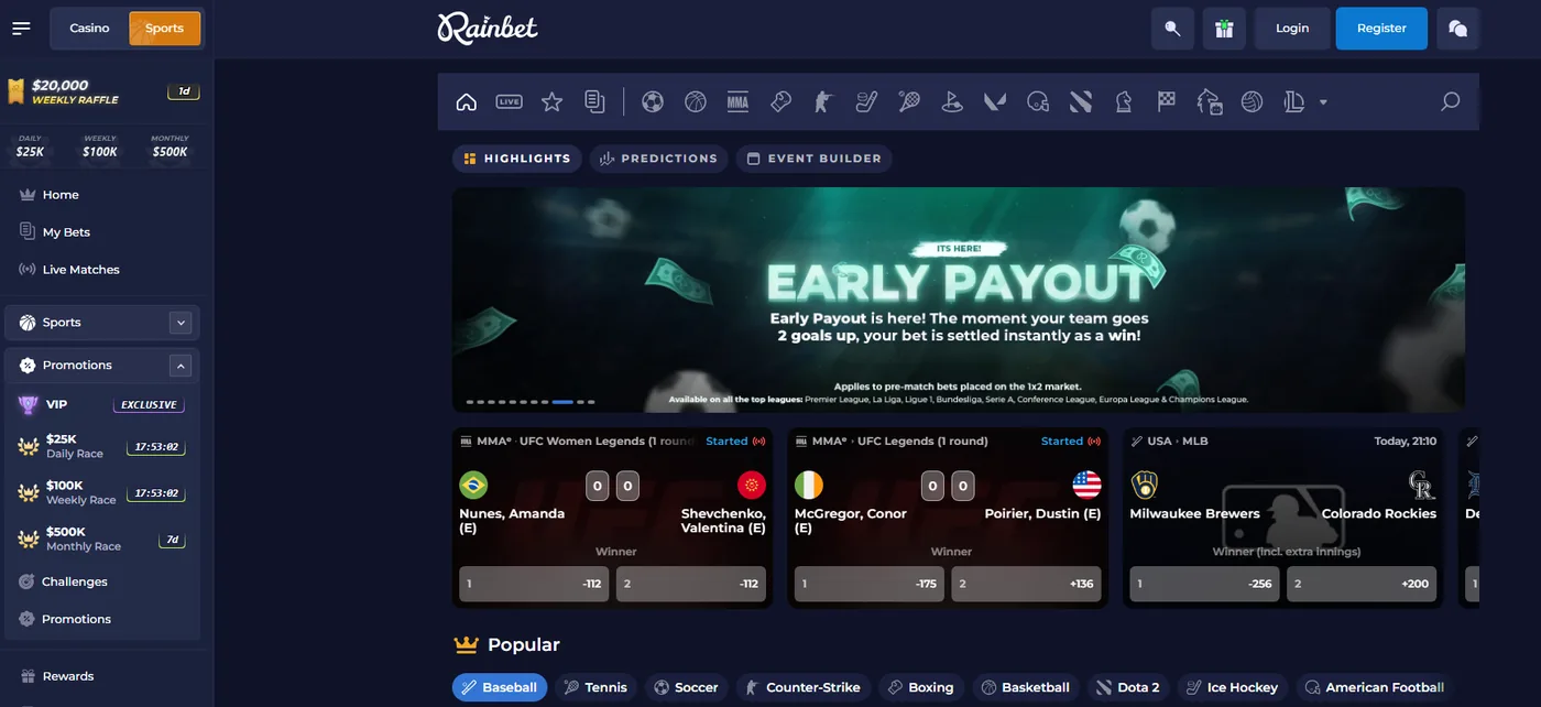 Rainbet home: the crypto-first casino front page, with the sports book and originals catalogue one click away.