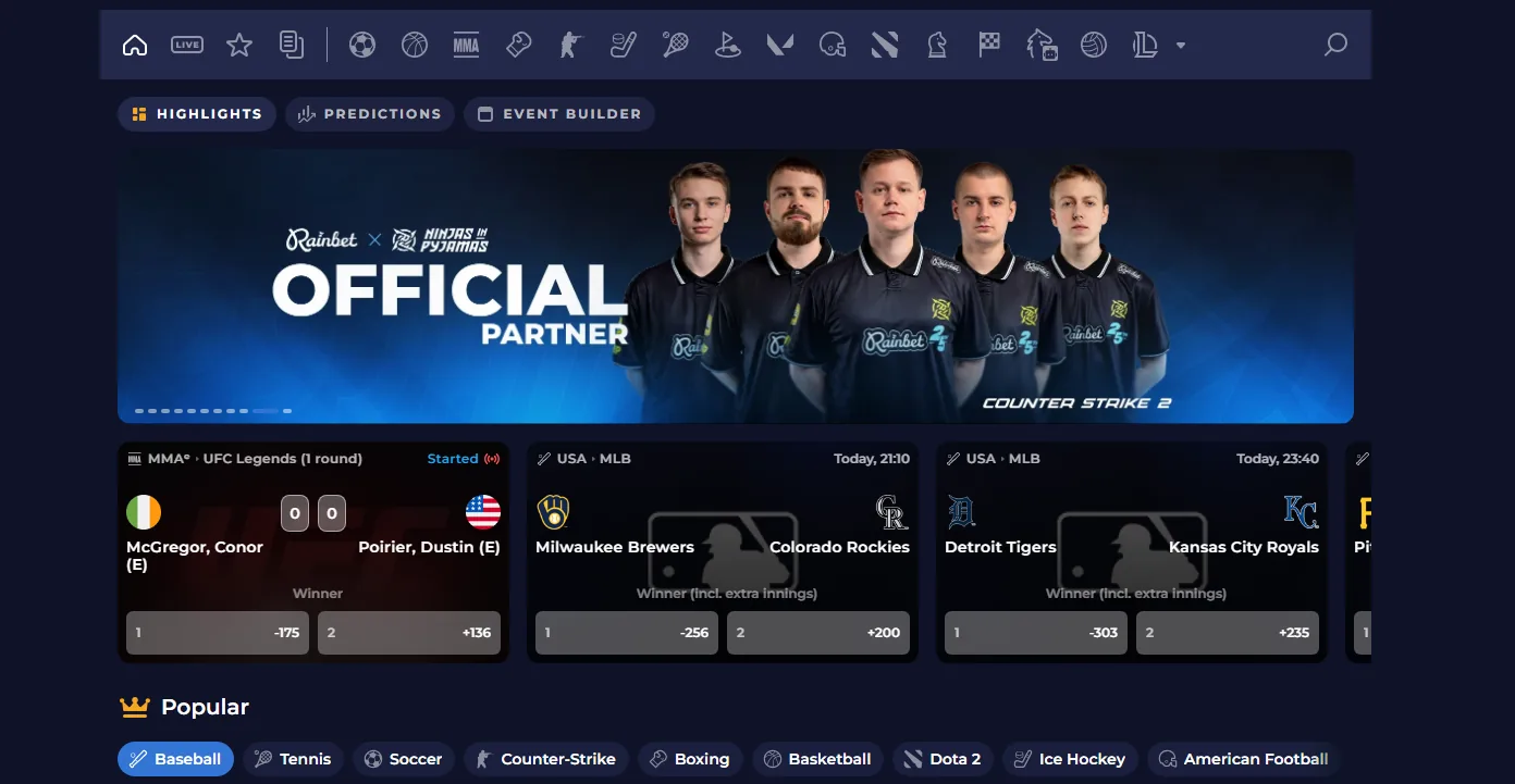 Rainbet sportsbook: main markets across football, basketball and tennis, with esports one tab across.