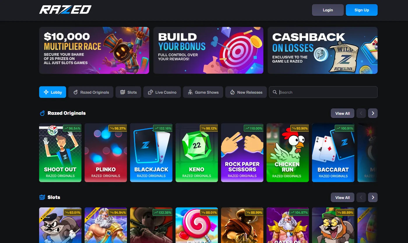 Razed casino: slots, live dealer and table games across the standard studio names.