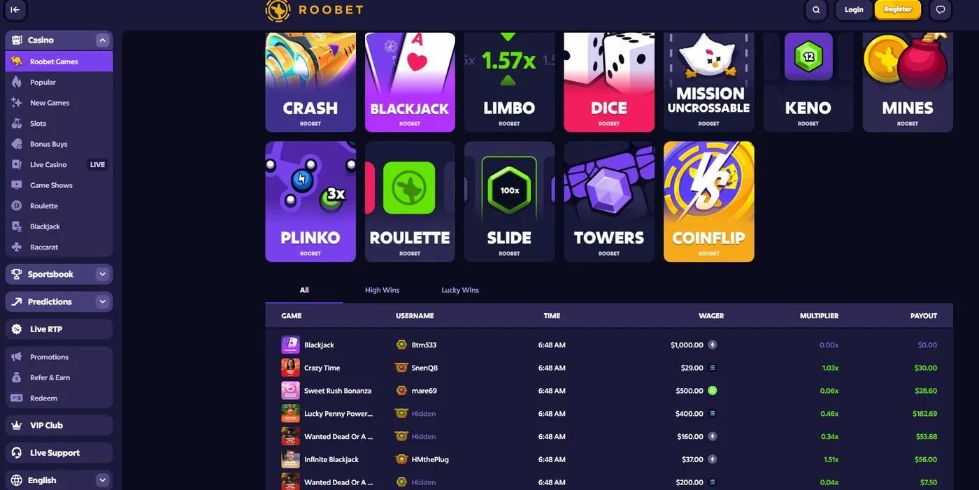 Roobet Originals: the in-house game catalogue built around Crash, Mines and Towers.