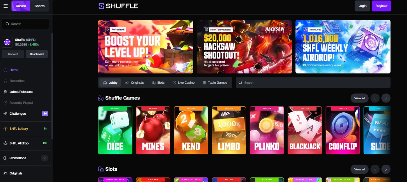 Shuffle home: casino, sports and live dealer in one wallet, with the welcome offer prominent.
