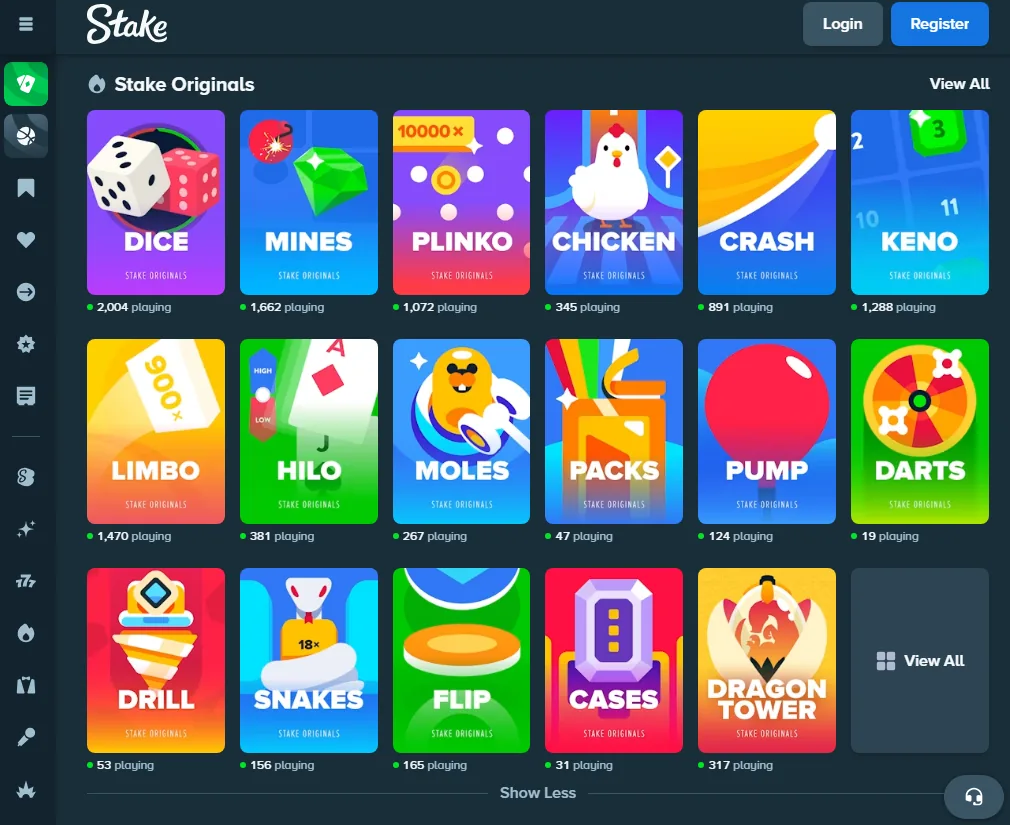 Stake Originals on mobile: Crash, Plinko, Dice and the rest of the in-house catalogue in one tap-friendly grid.