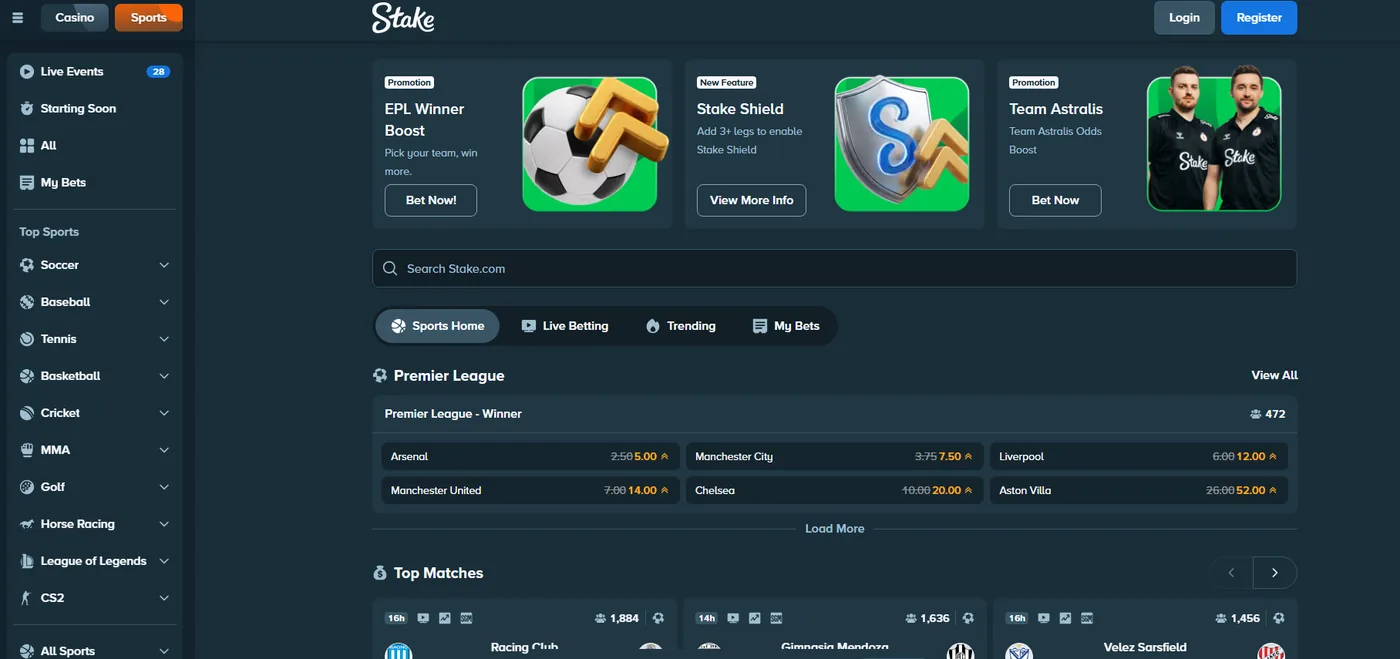 Stake sportsbook: full slate across football, basketball, tennis and MMA.